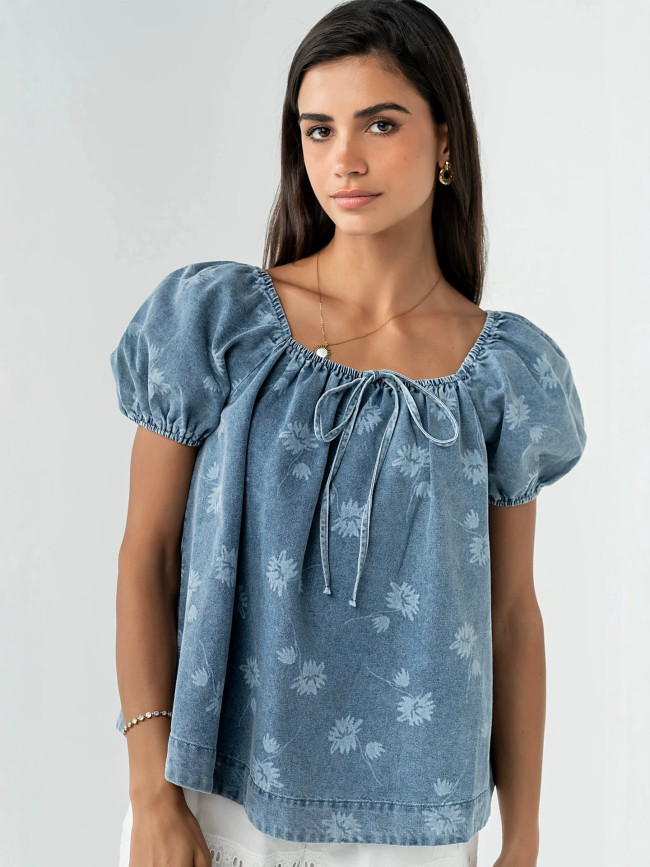 Printed lace-up washed bubble sleeve women's denim top  DLZsy052605