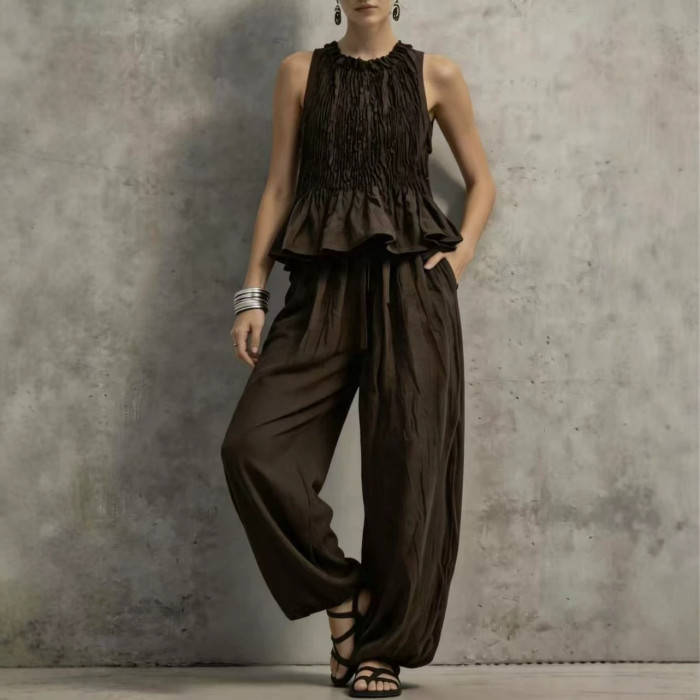 Ruffled sleeveless top + wide-leg pants - two-piece set  DLZtz1516