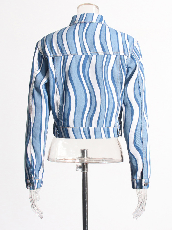 Blue and white wave pattern short denim jacket  DLZwt18205