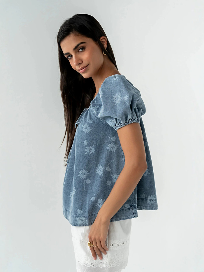 Printed lace-up washed bubble sleeve women's denim top  DLZsy052605