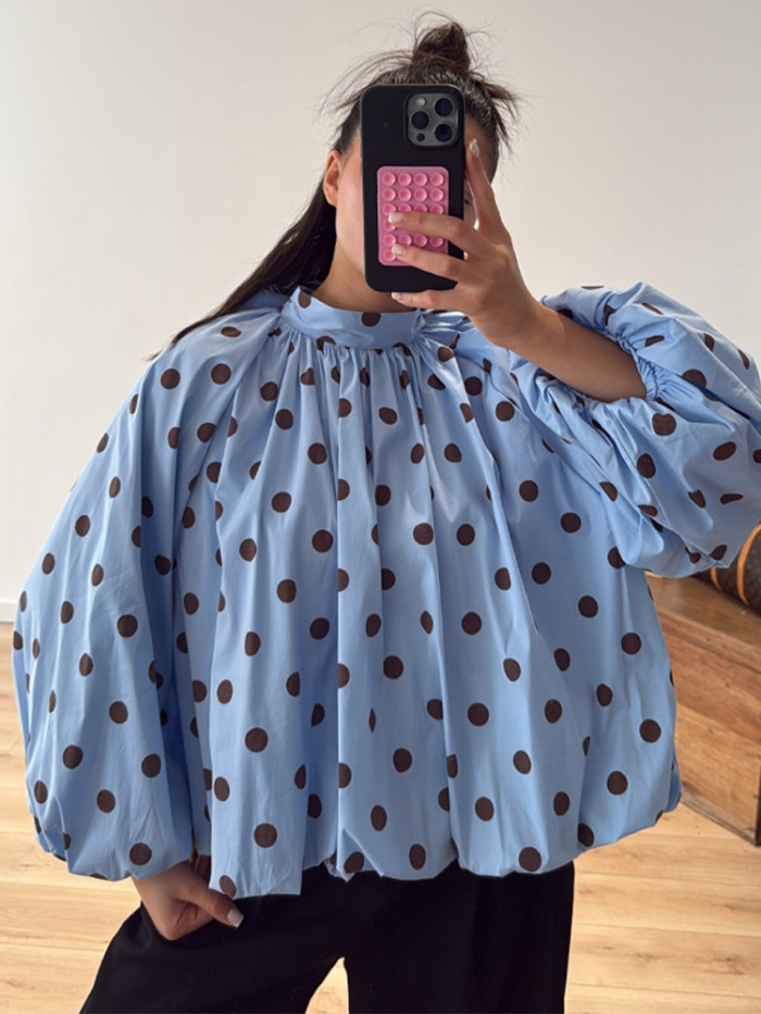 New loose Korean-style design semi-high-neck back-slit polka dot pleated shirt  DLZbd5270
