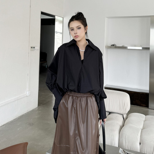 Women White Back Long Irregular Big Size Blouse New V-Neck Long Sleeve Shirt Fashion Tide Spring Autumn  1DH6949