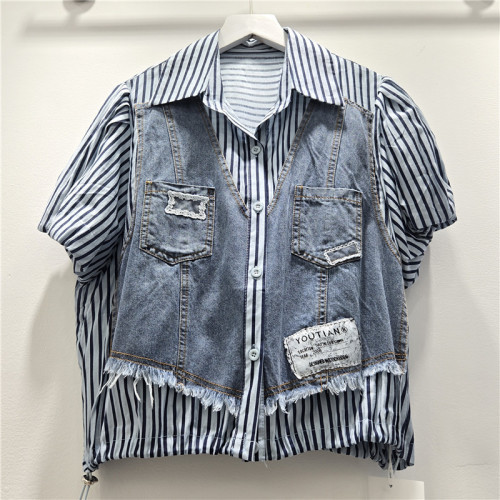 New striped patchwork contrasting color denim short-sleeved shirt   DLZsy265