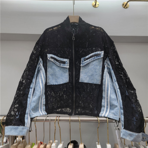 New style elegant open-work lace patchwork denim pullover with drawstring at the lower hem of the pocket  DLZwt5280