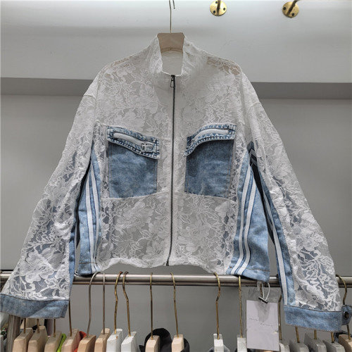 New style elegant open-work lace patchwork denim pullover with drawstring at the lower hem of the pocket  DLZwt5280