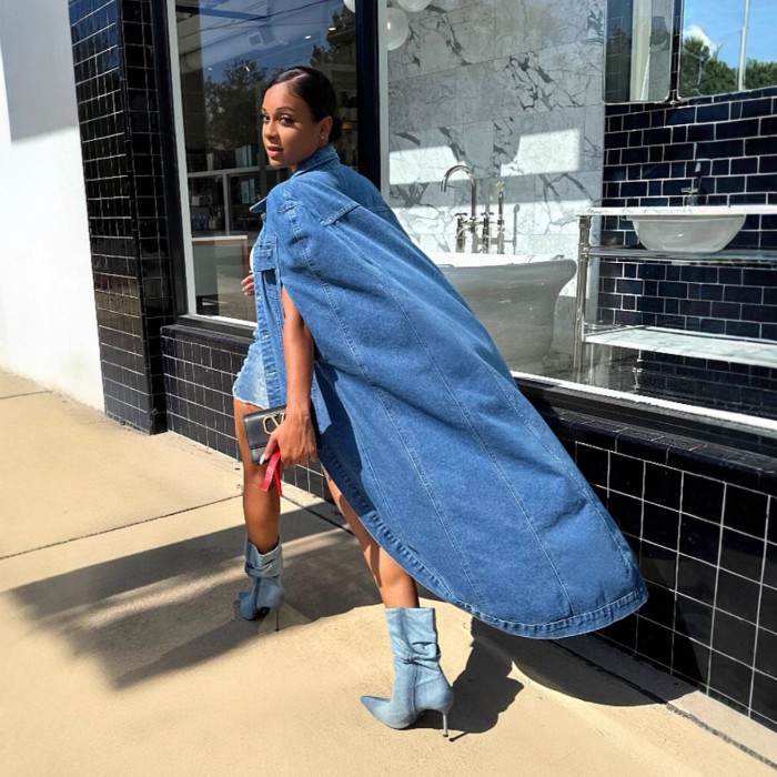 Loose cape-style shirt with short front and long back, buttoned, bat-winged tail, denim jacket  DLZld245805
