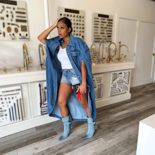 Loose cape-style shirt with short front and long back, buttoned, bat-winged tail, denim jacket  DLZld245805