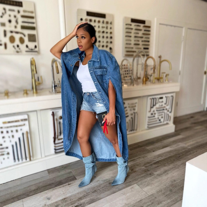 Loose cape-style shirt with short front and long back, buttoned, bat-winged tail, denim jacket  DLZld245805
