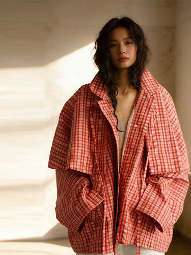 Casual style loose lace-up V-neck red checkered cape short coat DLZfy52703
