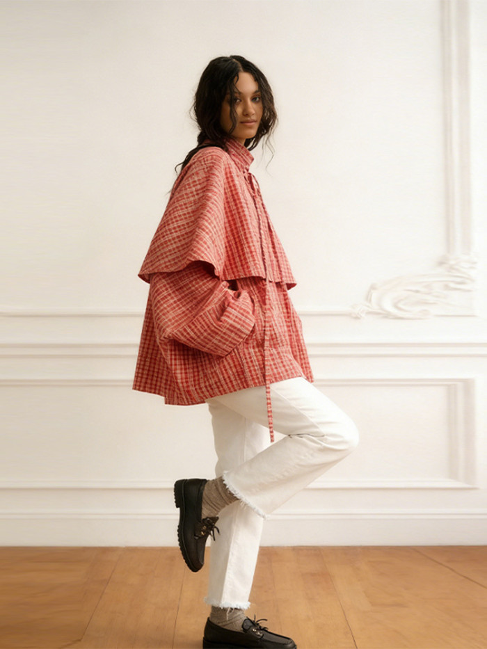 Casual style loose lace-up V-neck red checkered cape short coat DLZfy52703