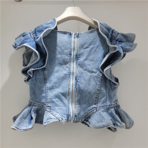 New trendy ruffled halter-neck sleeveless fitted denim top  DLZwx2805