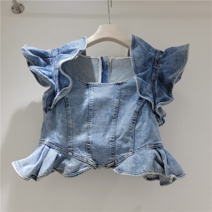 New trendy ruffled halter-neck sleeveless fitted denim top  DLZwx2805