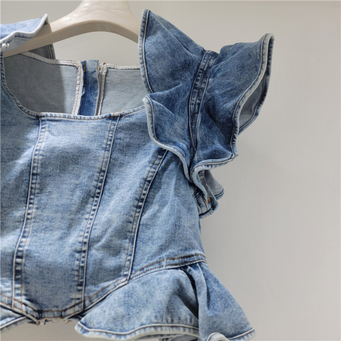 New trendy ruffled halter-neck sleeveless fitted denim top  DLZwx2805