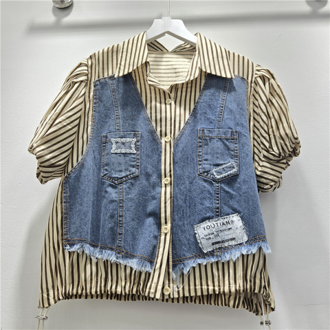 New striped patchwork contrasting color denim short-sleeved shirt   DLZsy265