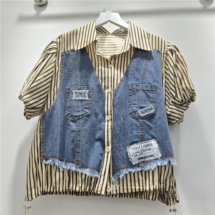 New striped patchwork contrasting color denim short-sleeved shirt   DLZsy265
