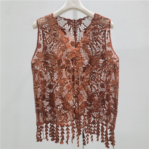 New V-neck sleeveless openwork crochet frill jacket
