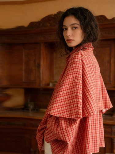 Casual style loose lace-up V-neck red checkered cape short coat DLZfy52703