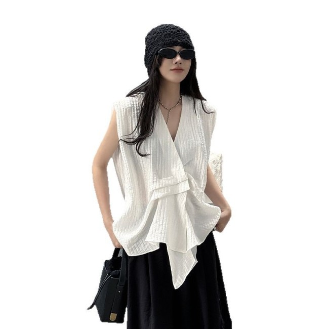  Women Black Brief Pleated Big Size Casual Blouse New V-Neck Sleeveless Shirt Fashion Tide Spring Summer   1DJ0948