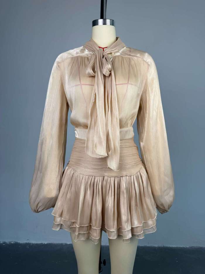 New trendy bow tie blazer + high-waisted pleated midi skirt set DLZtz5300