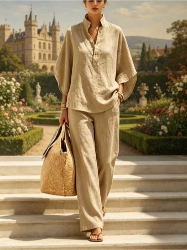  Women's stand-collar buttoned blouse + trousers  Two-piece set  DLZtz26530