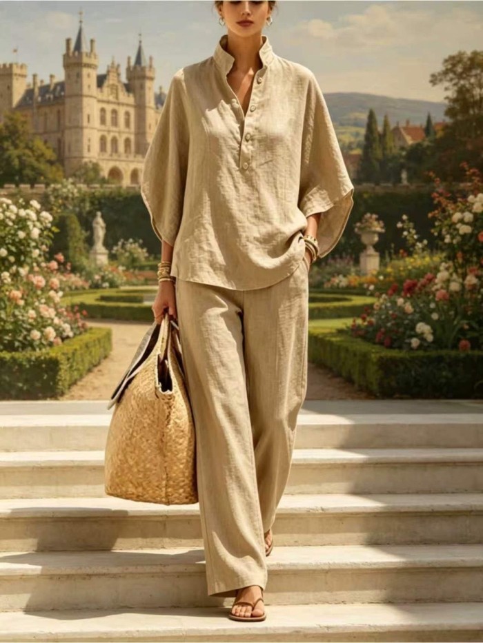  Women's stand-collar buttoned blouse + trousers  Two-piece set  DLZtz26530