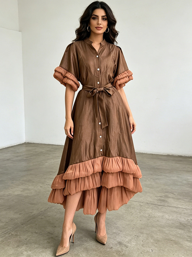 New style short-sleeved single-button wooden-ear-piercing sequined design dress  DLZcq604