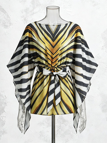 New one-shoulder collar batsleeve fashionable striped short skirt  DLZb0609