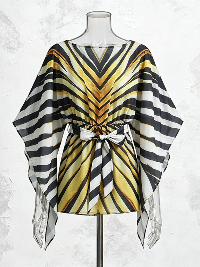 New one-shoulder collar batsleeve fashionable striped short skirt  DLZb0609