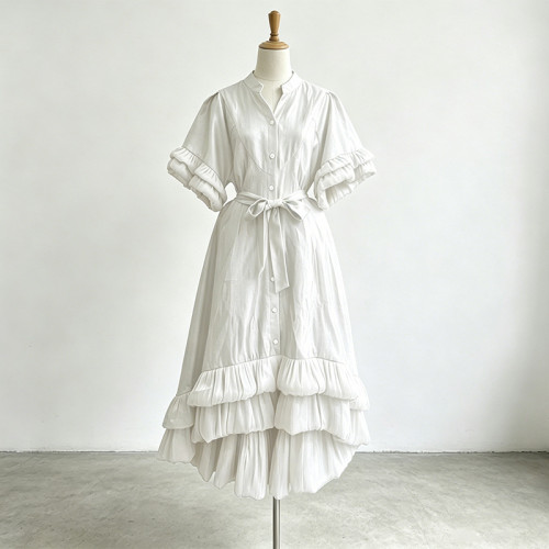 New style short-sleeved single-button wooden-ear-piercing sequined design dress  DLZcq604