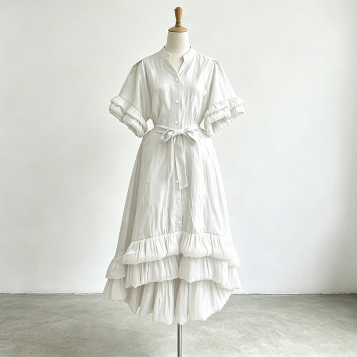 New style short-sleeved single-button wooden-ear-piercing sequined design dress  DLZcq604