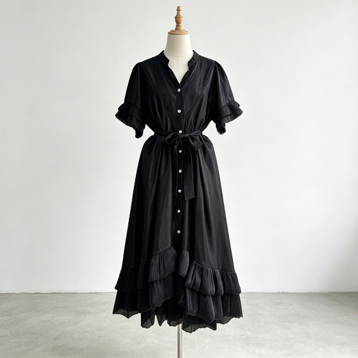 New style short-sleeved single-button wooden-ear-piercing sequined design dress  DLZcq604
