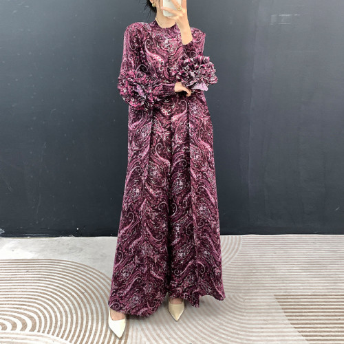 Ruffled pleated sleeve dress - Loose large-sized long-sleeved full-length dress DLZqz650