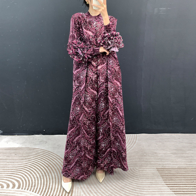 Ruffled pleated sleeve dress - Loose large-sized long-sleeved full-length dress DLZqz650