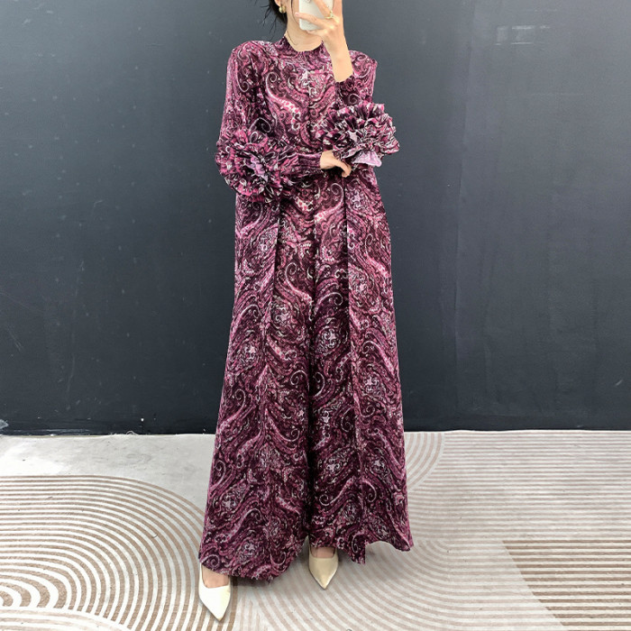 Ruffled pleated sleeve dress - Loose large-sized long-sleeved full-length dress DLZqz650
