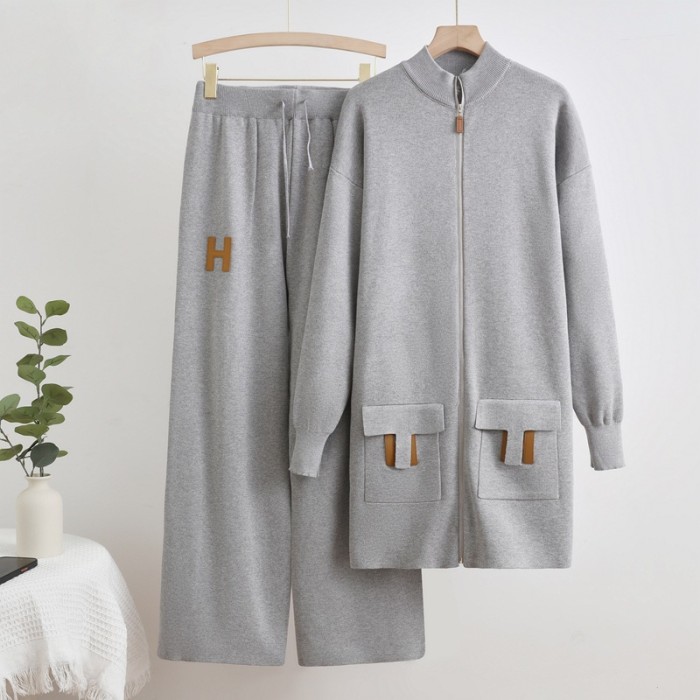 Zippered pocket sweater top + drawstring loose wide-leg pants - Set  DLZtz1526