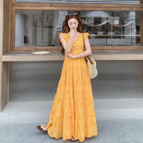 Orange-yellow embroidered openwork dress DLZcqz3207