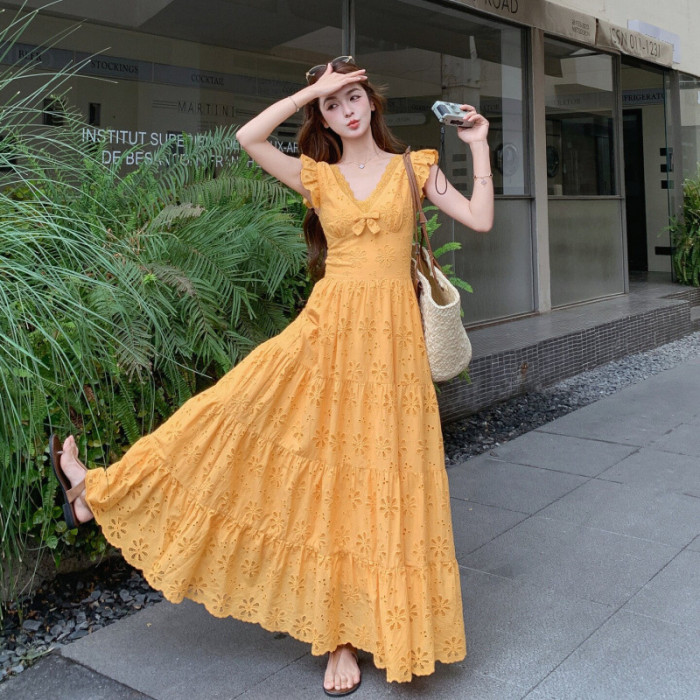 Orange-yellow embroidered openwork dress DLZcqz3207