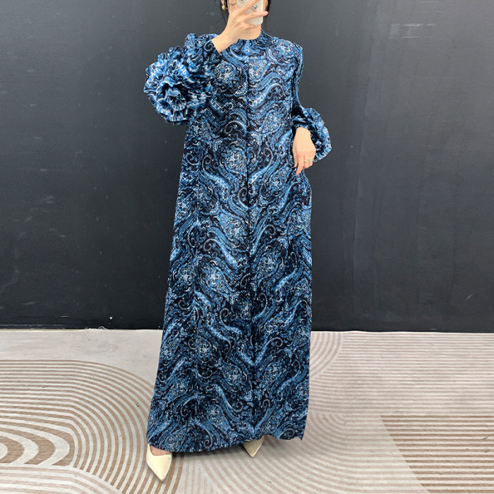 Ruffled pleated sleeve dress - Loose large-sized long-sleeved full-length dress DLZqz650