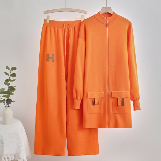 Zippered pocket sweater top + drawstring loose wide-leg pants - Set  DLZtz1526