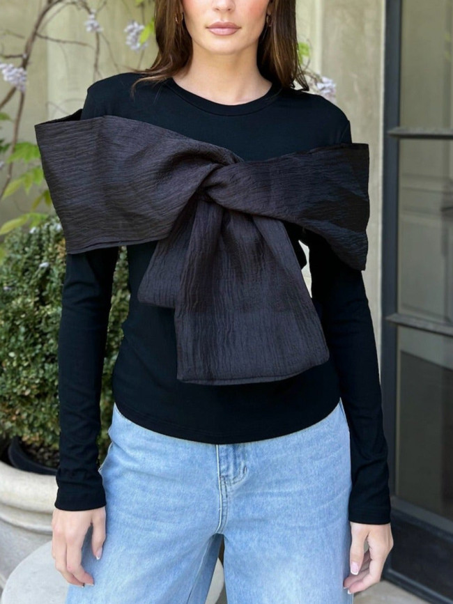 New round-neck long-sleeved personalized cross-belted bow tie versatile T  DLZtx3801