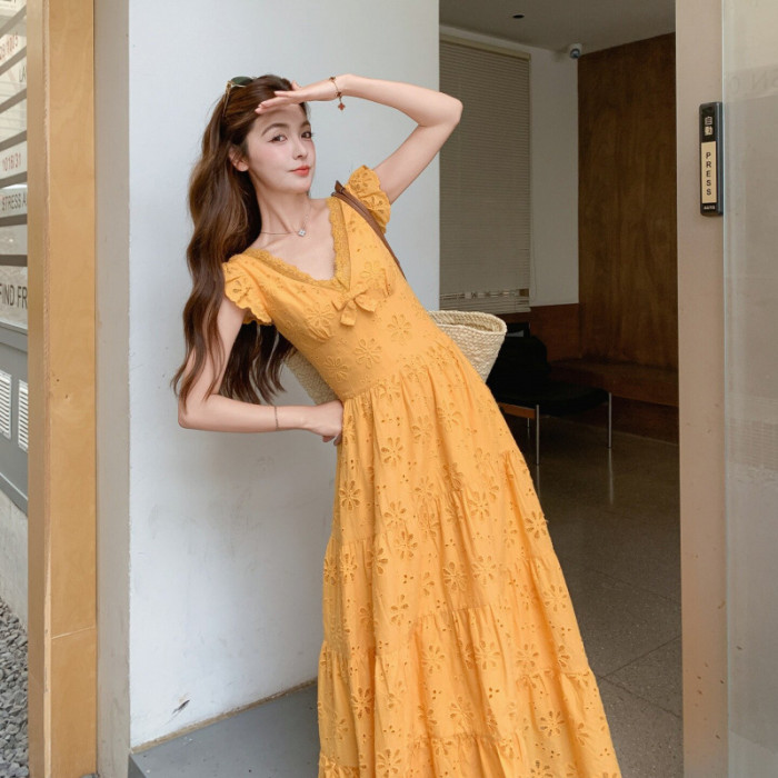 Orange-yellow embroidered openwork dress DLZcqz3207