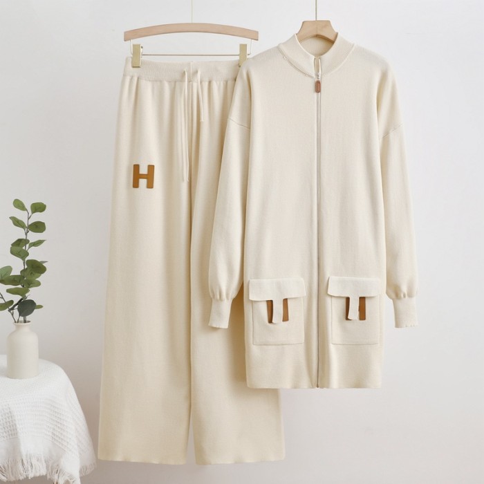Zippered pocket sweater top + drawstring loose wide-leg pants - Set  DLZtz1526