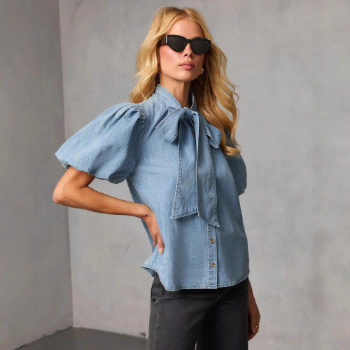 Blue bow-necked button-down denim shirt   DLZnz60605