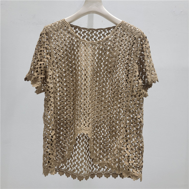 Irregular patterned open-work lace short-sleeved T-shirt   DLZtx320