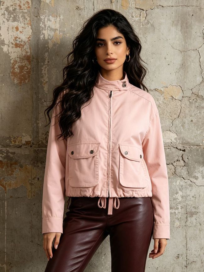 New style buttoned long-sleeved windproof jacket with stand-up collar and large pocket DLZwt61011