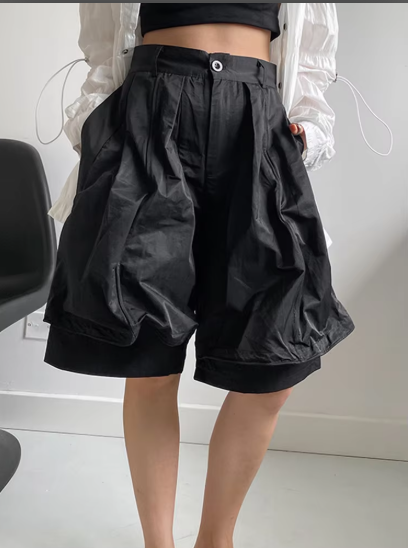  High Waist Black Pleated Shaped Knee Length Pants New Loose Fit Trousers Women Fashion Tide Spring Summer  1DF9708