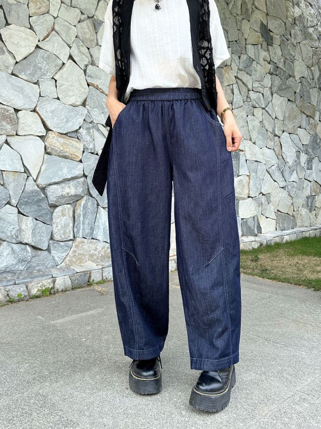 High Elastic Waist Blue Denim Thin Topstitched Wide Leg Jeans Pants New Trousers Women Fashion Spring Autumn  DLZkz061117