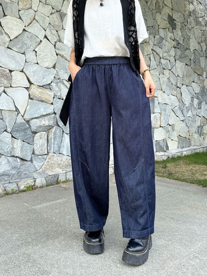 High Elastic Waist Blue Denim Thin Topstitched Wide Leg Jeans Pants New Trousers Women Fashion Spring Autumn  DLZkz061117