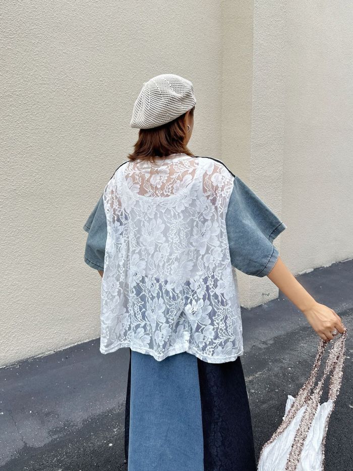 Women White Lace Denim Bow Big Size Casual T-shirt New Round Neck Short Sleeve Fashion Tide Spring Summer DLZtx6110