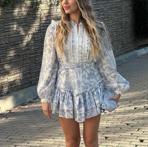New lace-embroidered and patchwork design print blouse skirt 